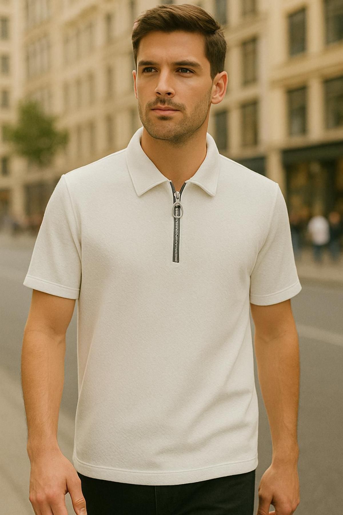 DAMGA JEANS Erkek Yarım Fermuar Basic Beyaz Polo Yaka Tişört
