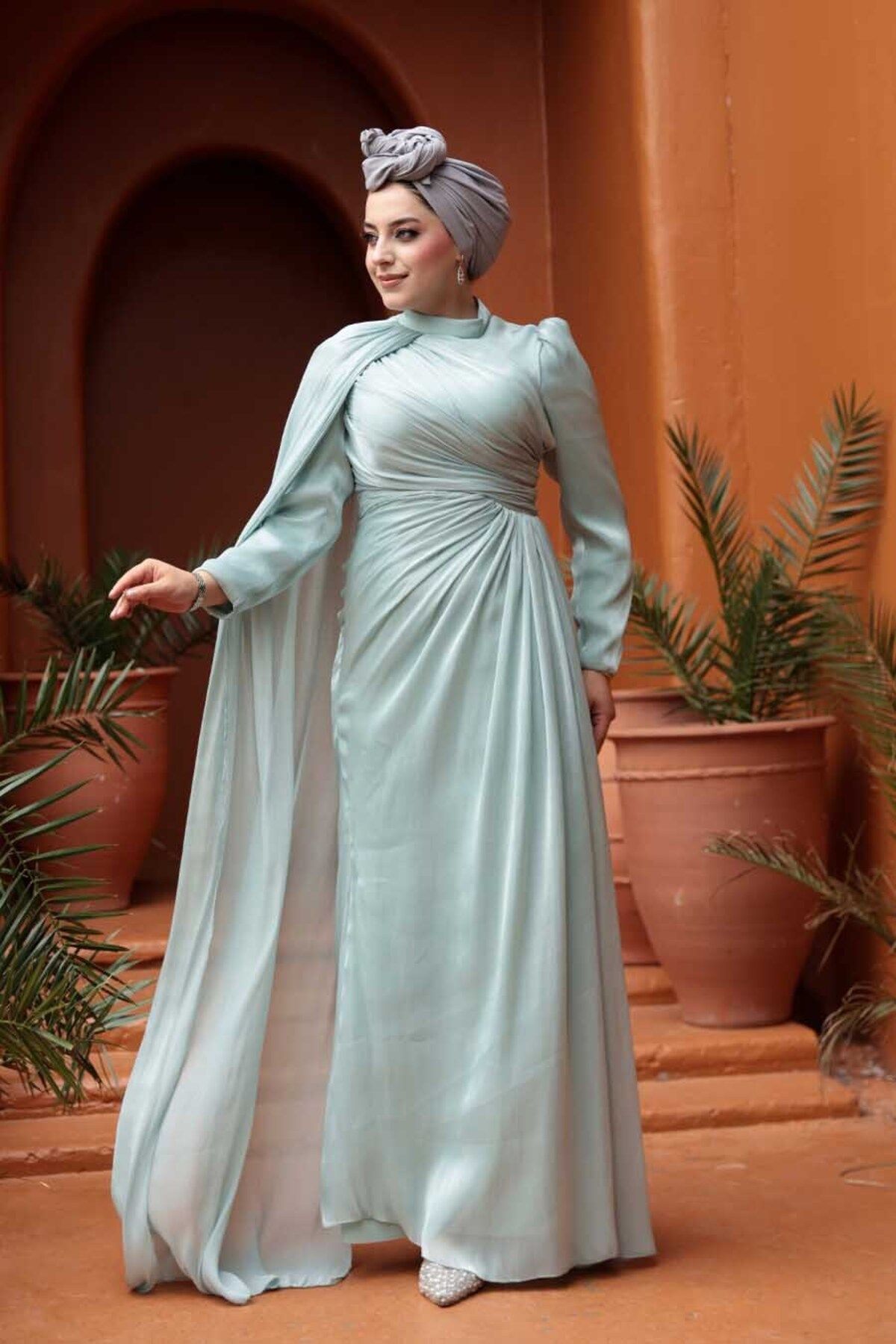 N.S NEVA STYLE Pelerin Detaylı Mint Tesettür Abiye Elbise 5296MINT