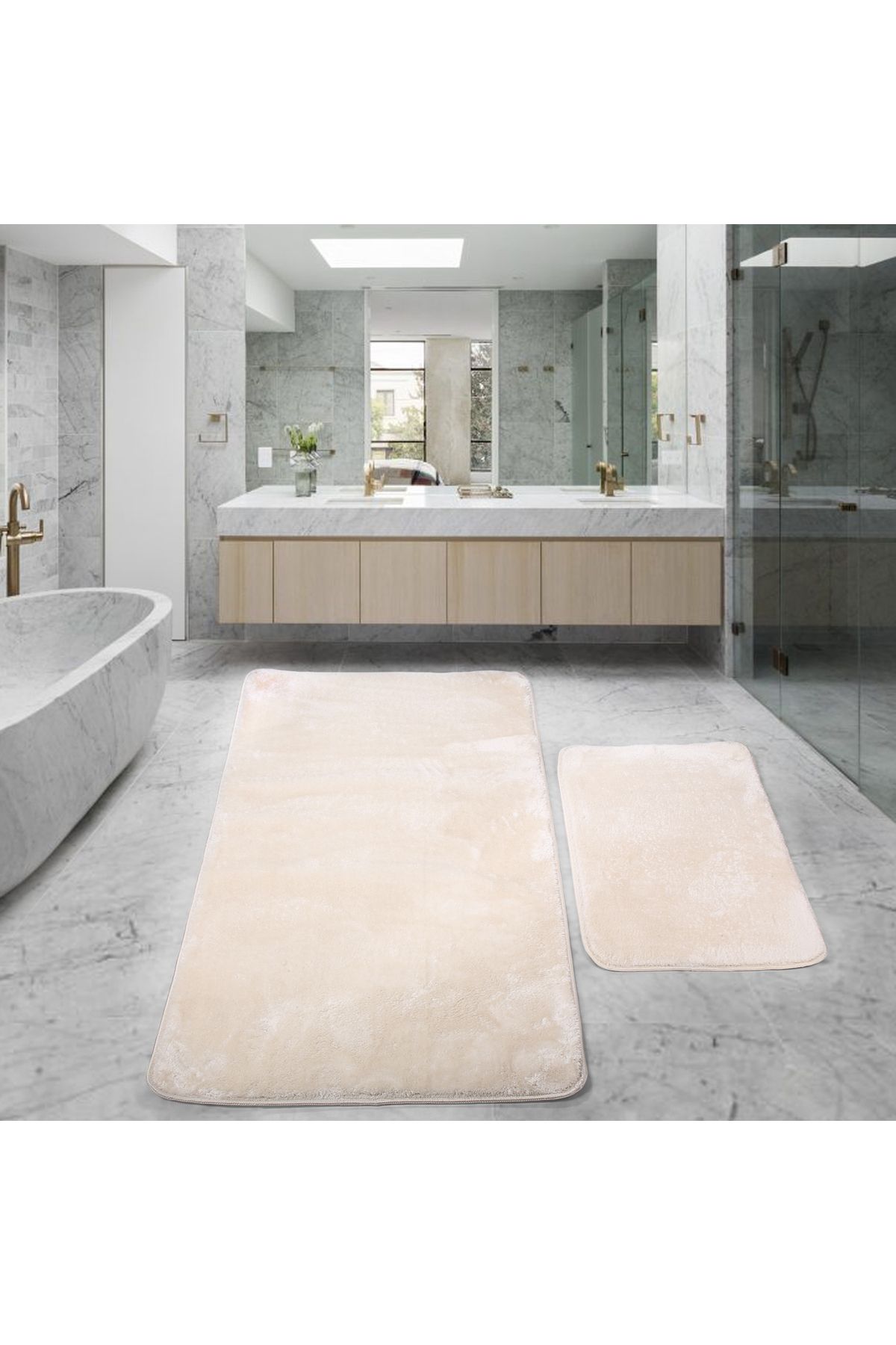 Bestekar LunaSoft Krem Büyük Boy Kaymaz Emici Yumuşak Makinede Yıkanabilir İkili Modern Banyo Paspas Takımı