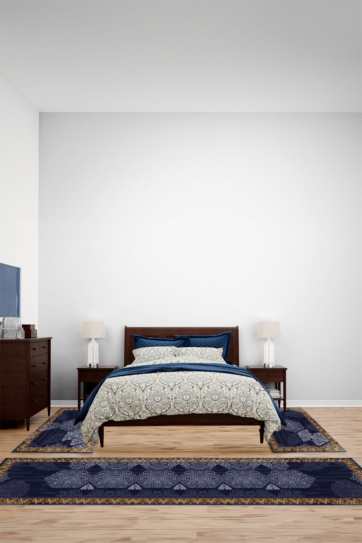 Viyana Home Dijital Kaymaz Taban Klasik Afgan Model Yıkanabilir Üçlü Yatak Odası Halısı, YO-KLASİK-113-LACİVERT,