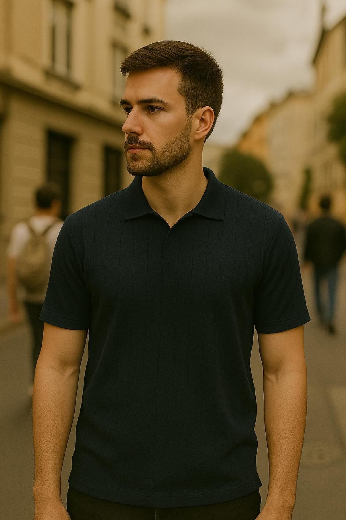 DAMGA JEANS Erkek V Pat Basic Yazlık Siyah Polo Yaka Tişört