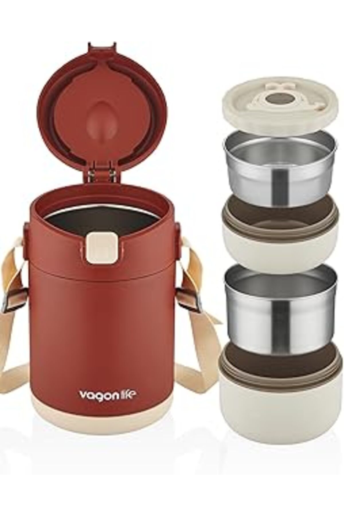 Mu Art Ahşap Çelik Yemek Termosu Isı Yalıtımlı 2 Kaseli 1.8Lt Sızdırmaz Vakumlu Kap Taşıma Askılı -Ff1