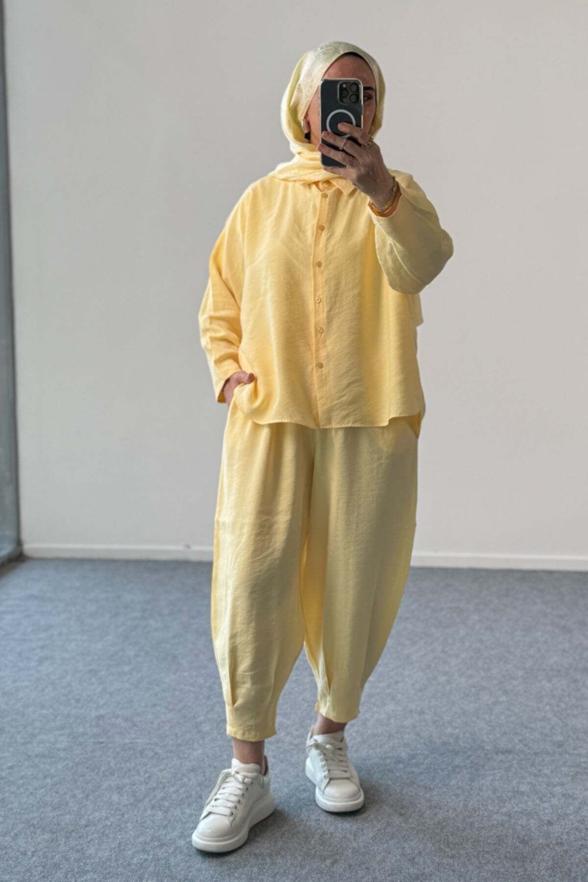 Hatun Atila Modal Kumaş Oversize Gömlekli Şalvar Pantolonlu İkili Takım 5210 - Sarı