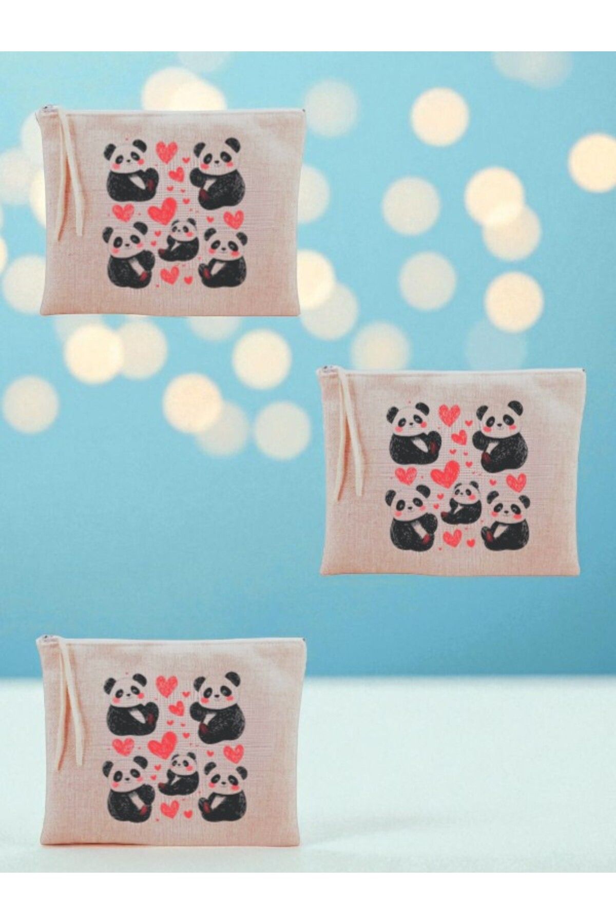 lili hediyelik Kalpli Panda Baskılı 3'lü Makyaj Çantası 20x25 cm