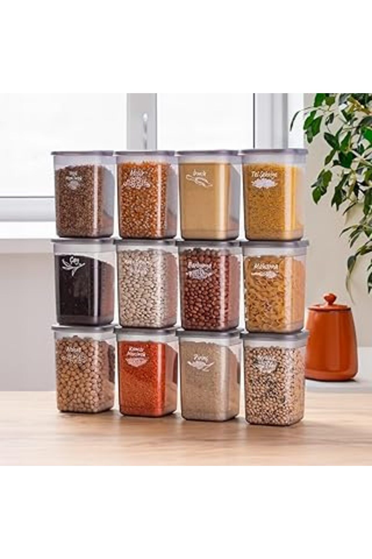 Mu Art Ahşap Porsima Porsima 431-Gr 12 Li Çok Amaçlı Kapaklı Etiketli Gıda Erzak Bakliyat Saklama Kabı Seti 1.30
