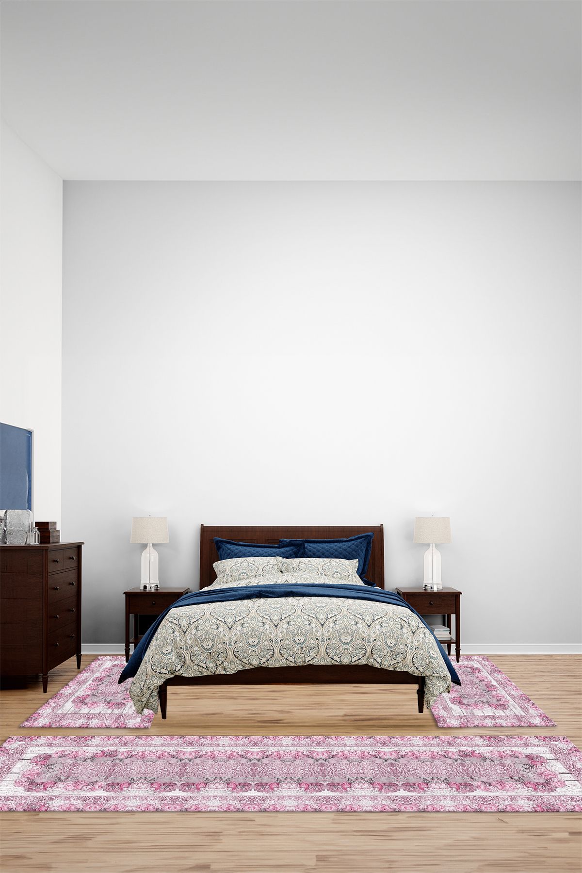 Viyana Home Dijital Kaymaz Taban Klasik Gül Desenli Yıkanabilir Üçlü Yatak Odası Halısı, YO-KLASİK-123-PEMBE,