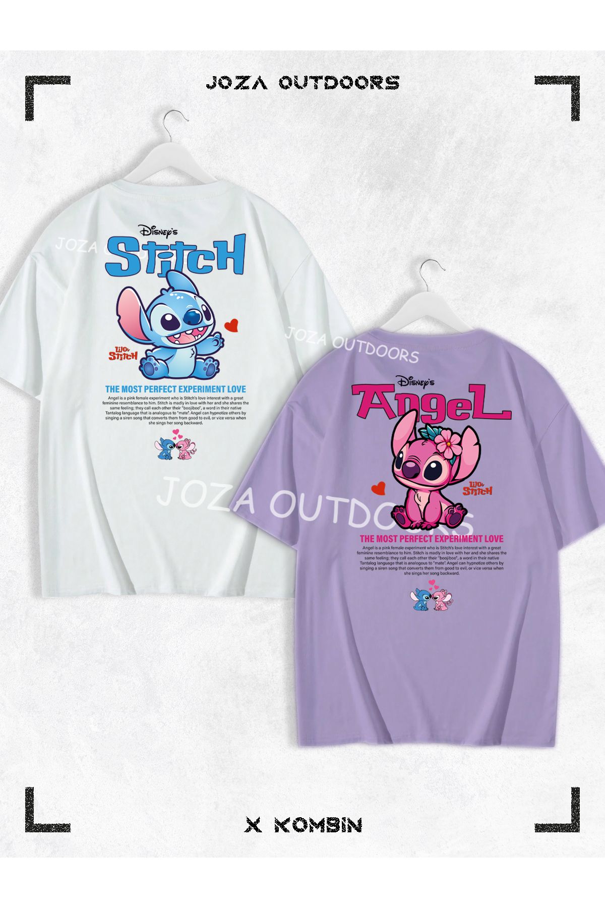 Joza Outdoors Kadın Erkek Lilo Angel Stitch Yazılı SIRT Baskılı Sevgili Çift Kombini Oversize Tshirt 2'li Takım