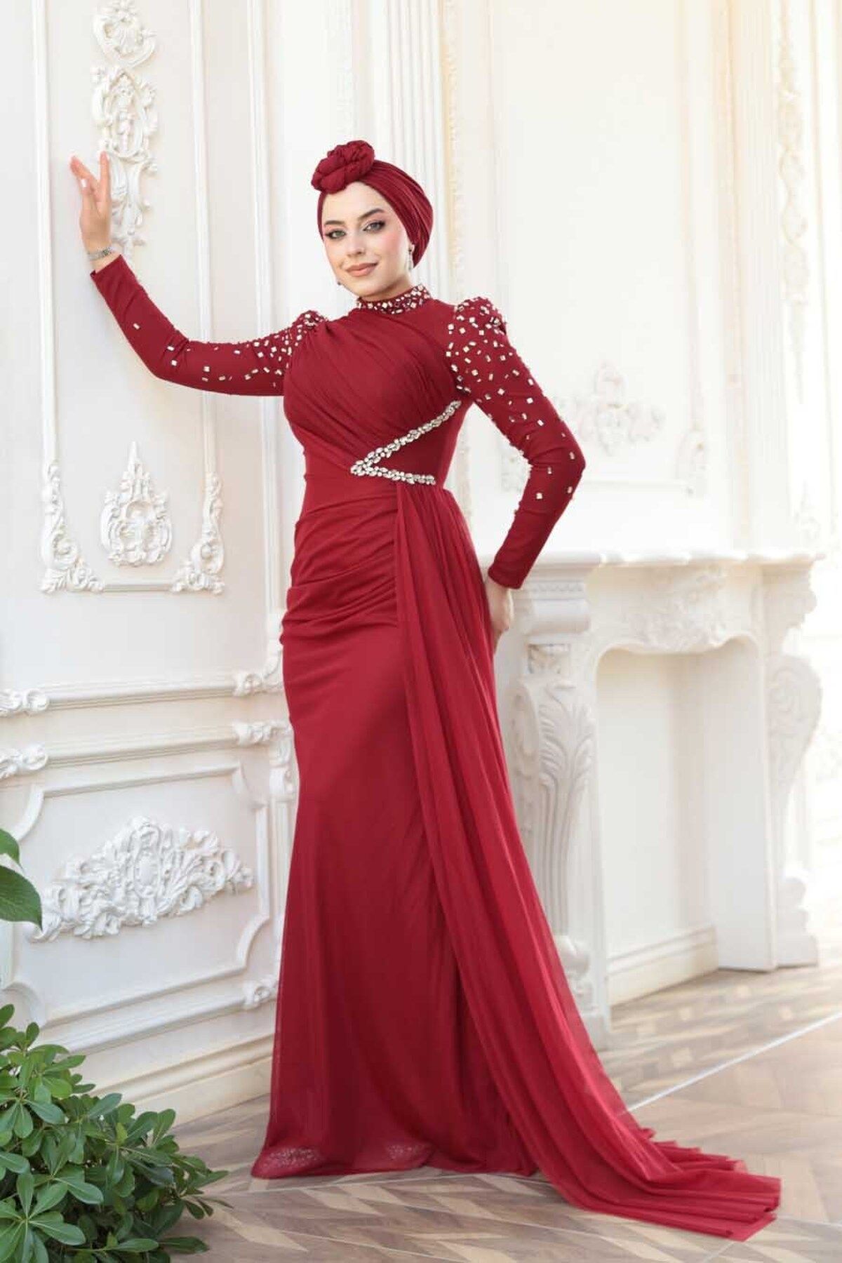 N.S NEVA STYLE Boncuk İşlemeli Bordo Tesettür Abiye Elbise 5295BR