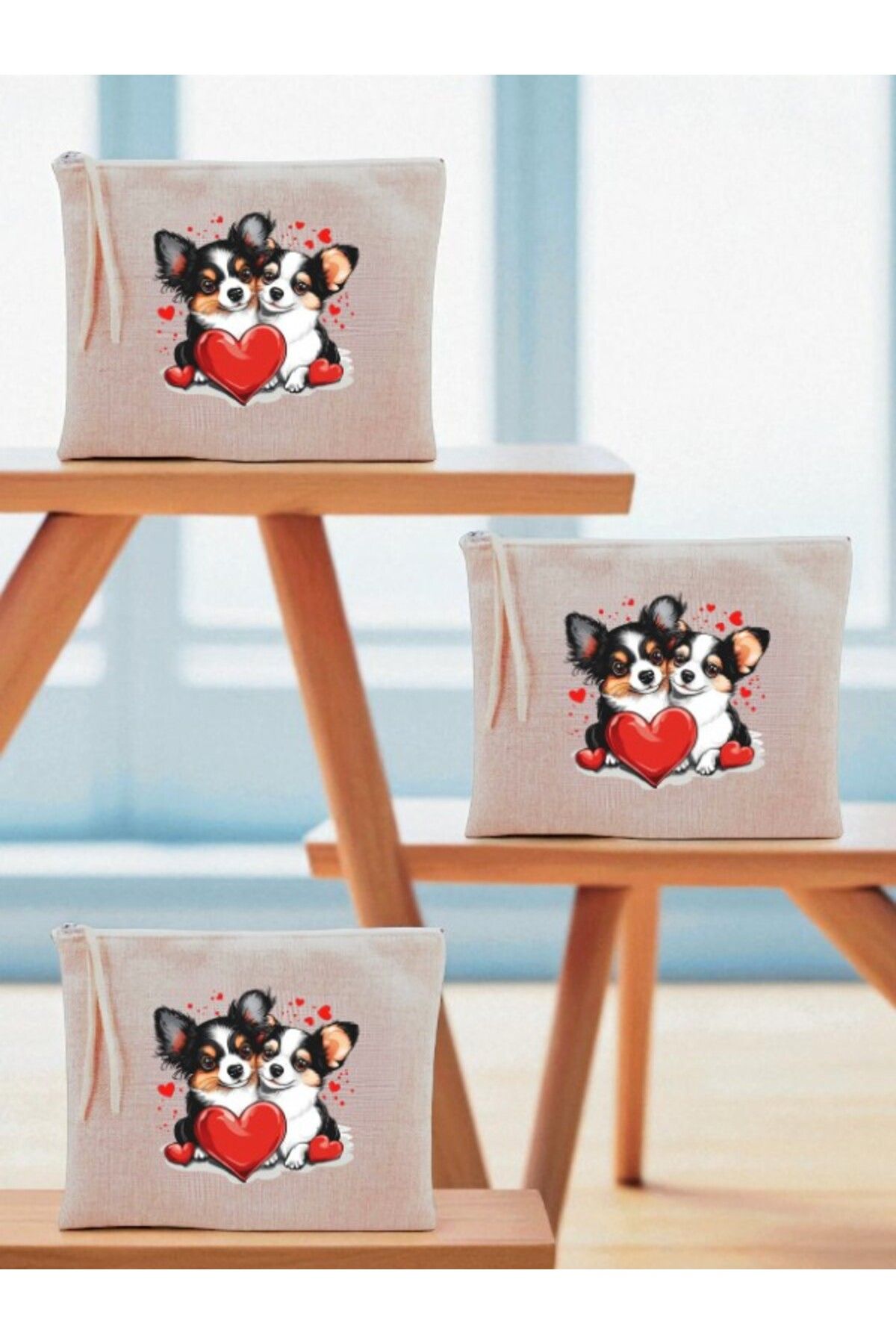lili hediyelik Kalp ve Köpek Baskılı 3'lü Makyaj Çantası 20x25 cm