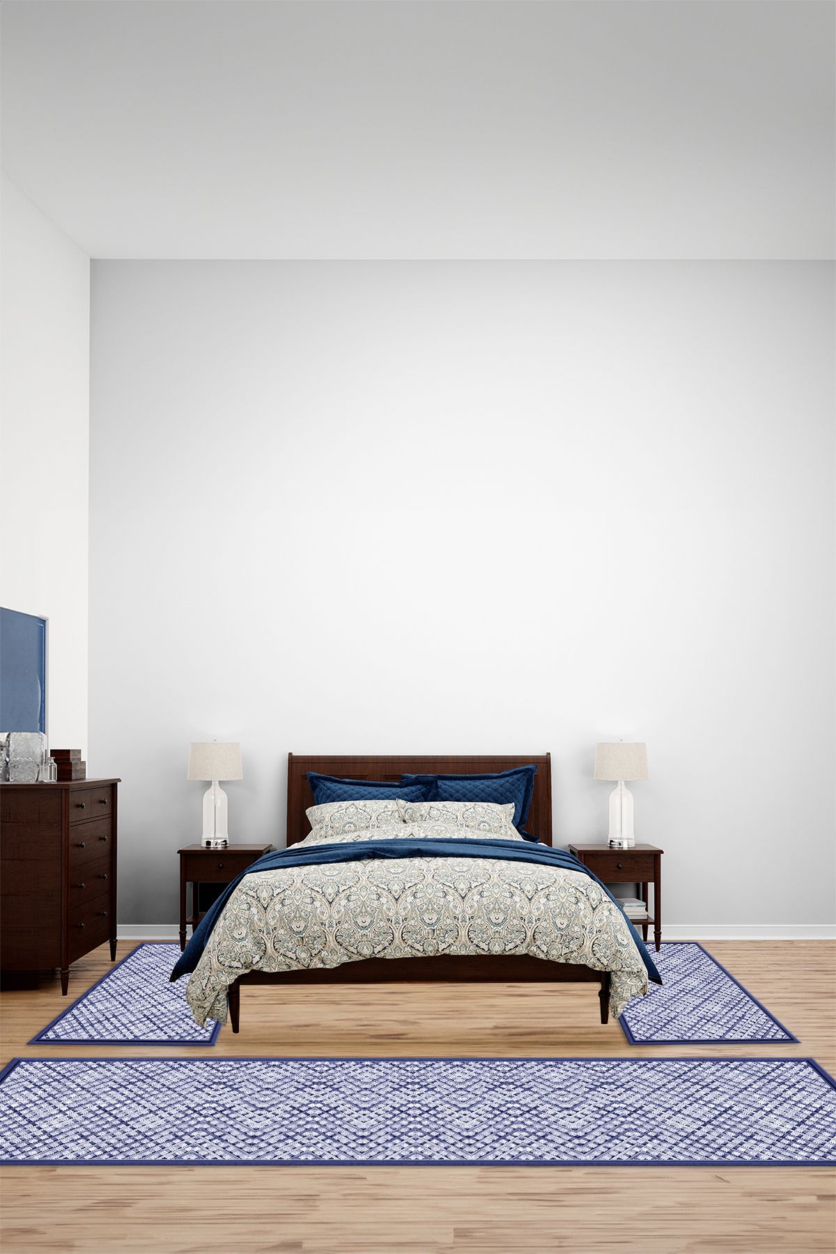Viyana Home Dijital Kaymaz Hasır Desen Jüt Model Yıkanabilir Yatak Odası Takım Halısı, YO-JÜT-46-MAVİ,