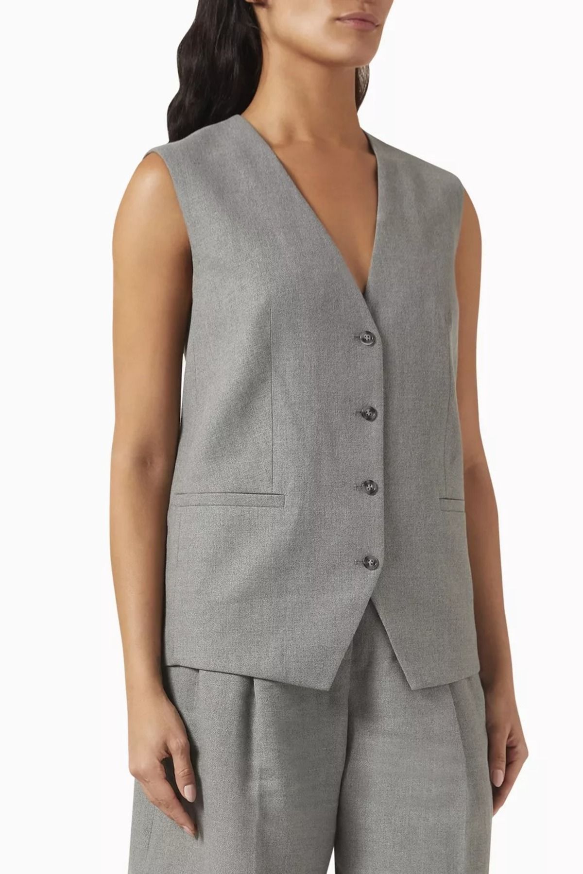 12storeez Linen Suit Vest, Uzun Formlu ve Nefes Alabilir Keten Yelek Koyu Gri
