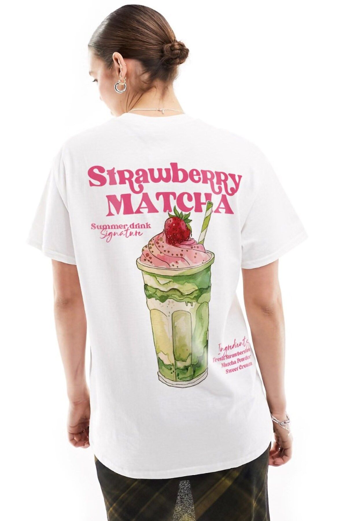 GIA - ART Kadın Beyaz Oversize Tişört – Strawberry Matcha Baskılı Yazlık Pamuklu Grafik Desenli