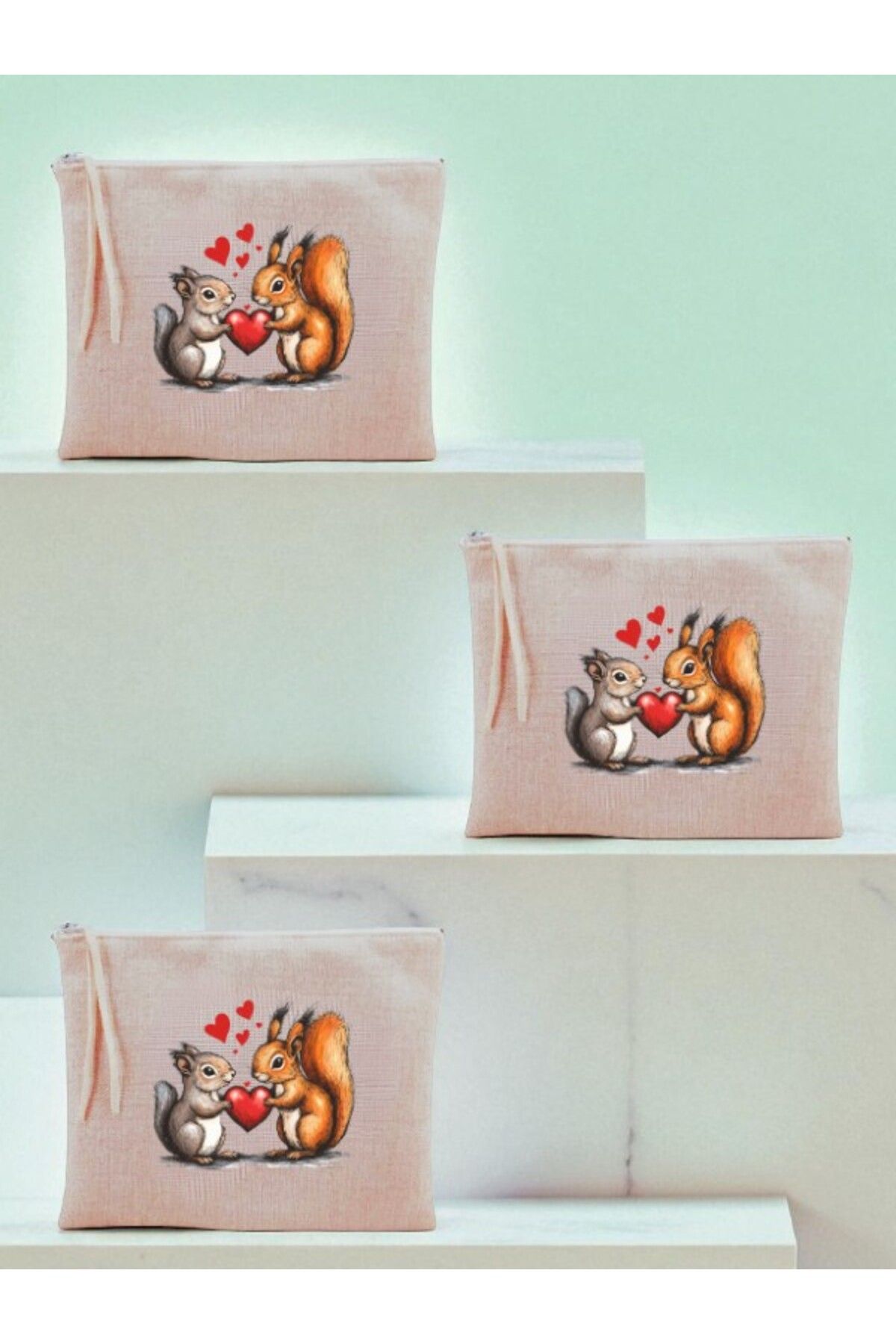 lili hediyelik Kalp ve Sincap Baskılı 3'lü Makyaj Çantası 20x25 cm
