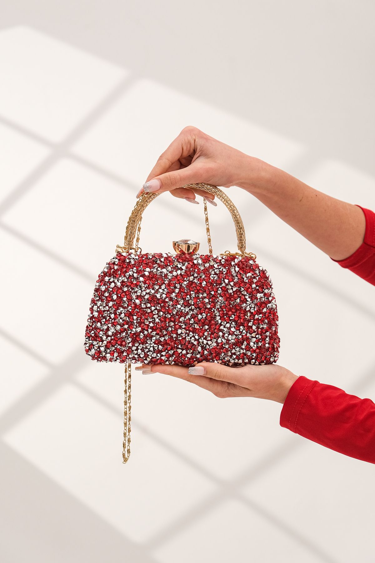 ROZA CANTA Kadın Kırmızı Taşlı Abiye Clutch Portföy Çanta