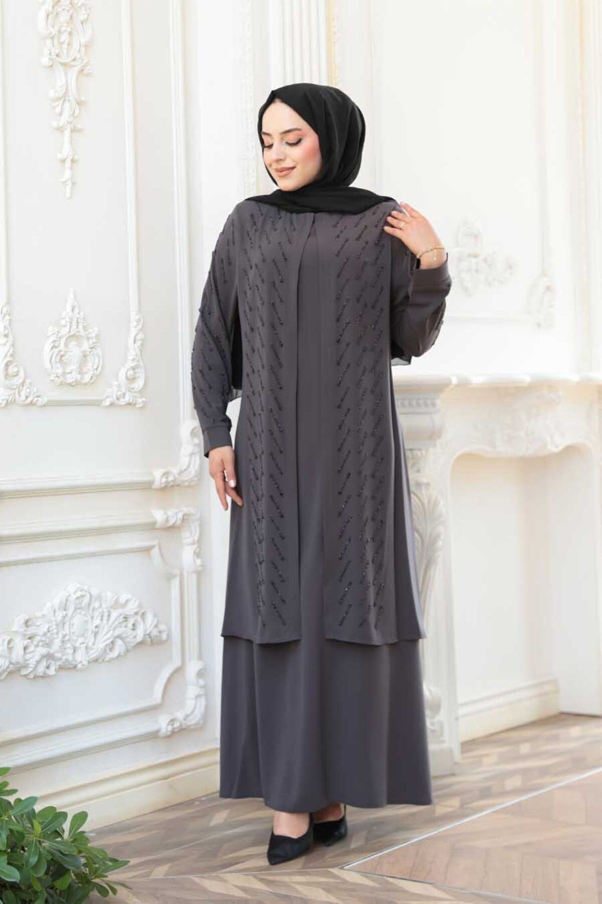 N.S NEVA STYLE Boncuk İşlemeli Füme Tesettür Abaya 29120FU