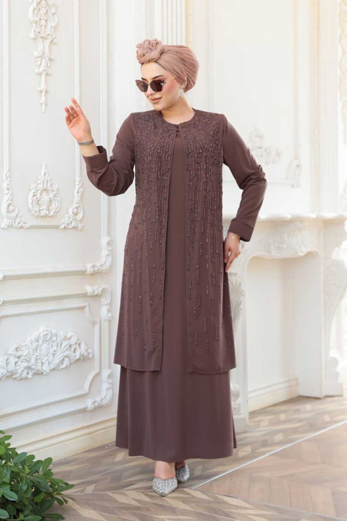N.S NEVA STYLE Boncuk İşlemeli Çikolata Tesettür Abaya 29119CK