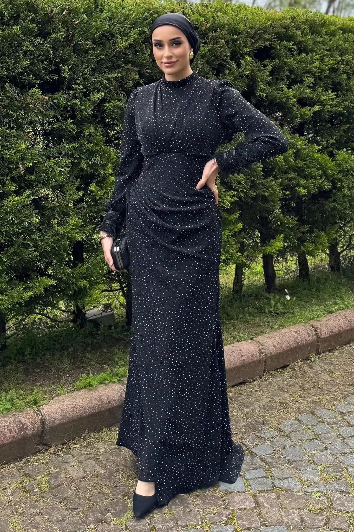 Tane 25Y4696 ELBİSE ABİYE KOMPLE TAŞLI KOLLARI TÜY DETAY SİYAH