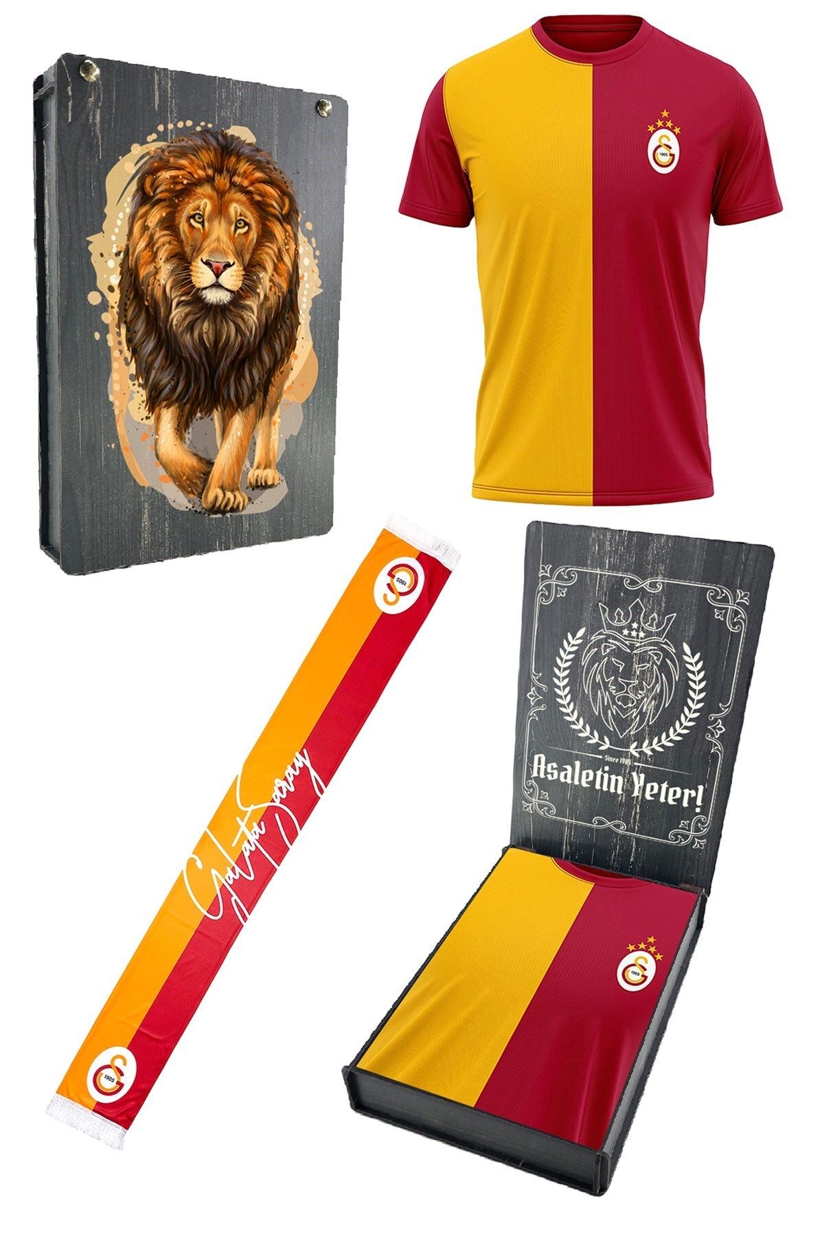 Galatasaray Orijinal Lisanslı 5 Yıldızlı Sarı Kırmızı Erkek T-Shirt + Şal Kaşkol Set Ahşap Kutulu