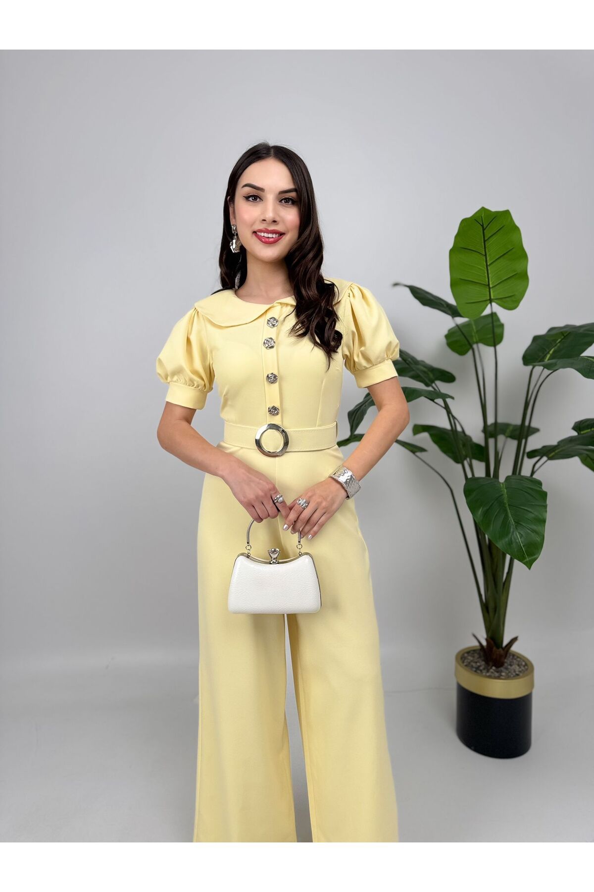 mafdress Kadın Sarı Bebe Yaka Tulum