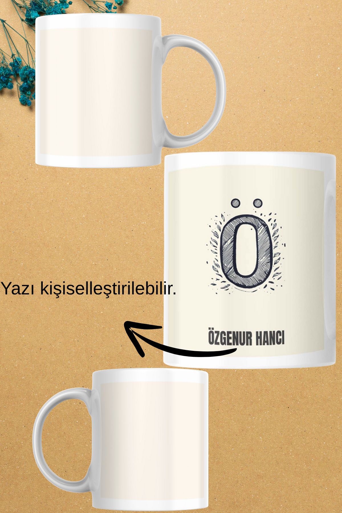 zerhome Ö Harf ve İsim Soyisimli Beyaz Porselen Kupa Bardak