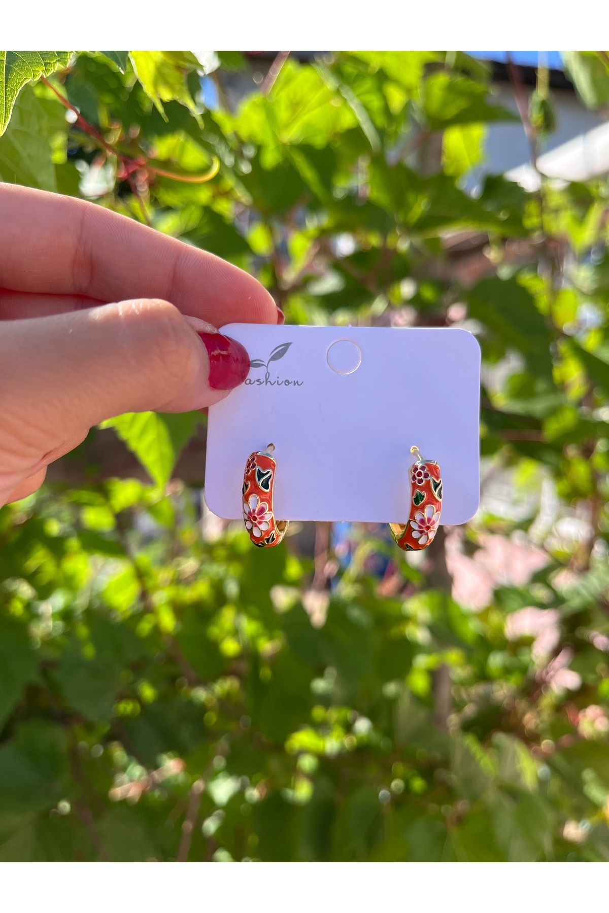 nergis collection Kadın Mineli Çiçekli Turuncu Çelik Küpe