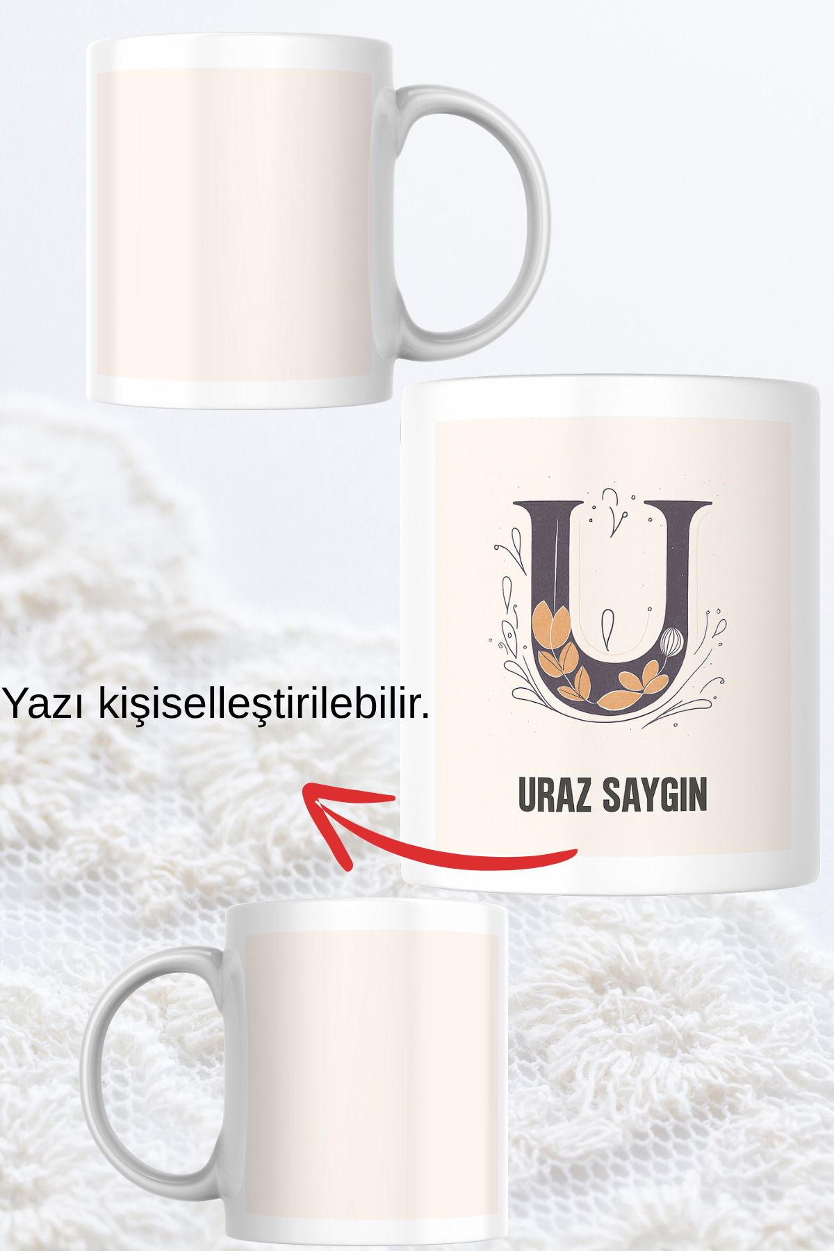 zerhome U Harf ve İsim Soyisimli Beyaz Porselen Kupa Bardak