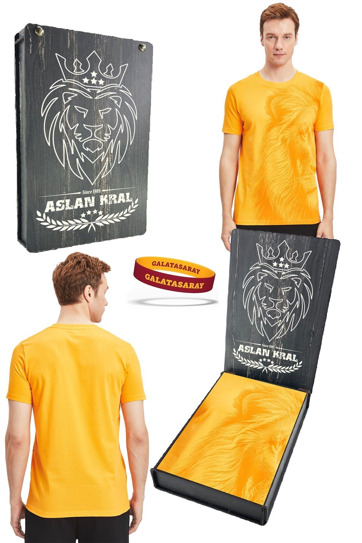 Galatasaray Orijinal Lisanslı Aslan Baskılı Sarı T-Shirt + Bileklik Set Hediyelik Ahşap Kutulu