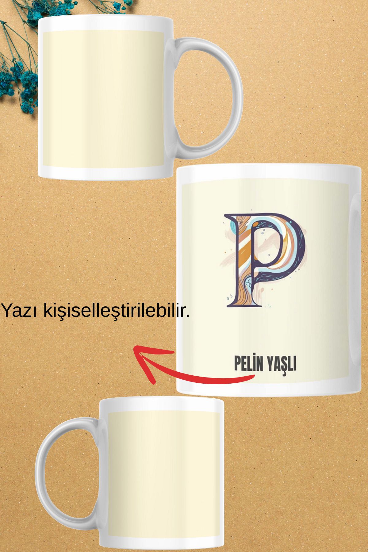 zerhome P Harf ve İsim Soyisimli Beyaz Porselen Kupa Bardak