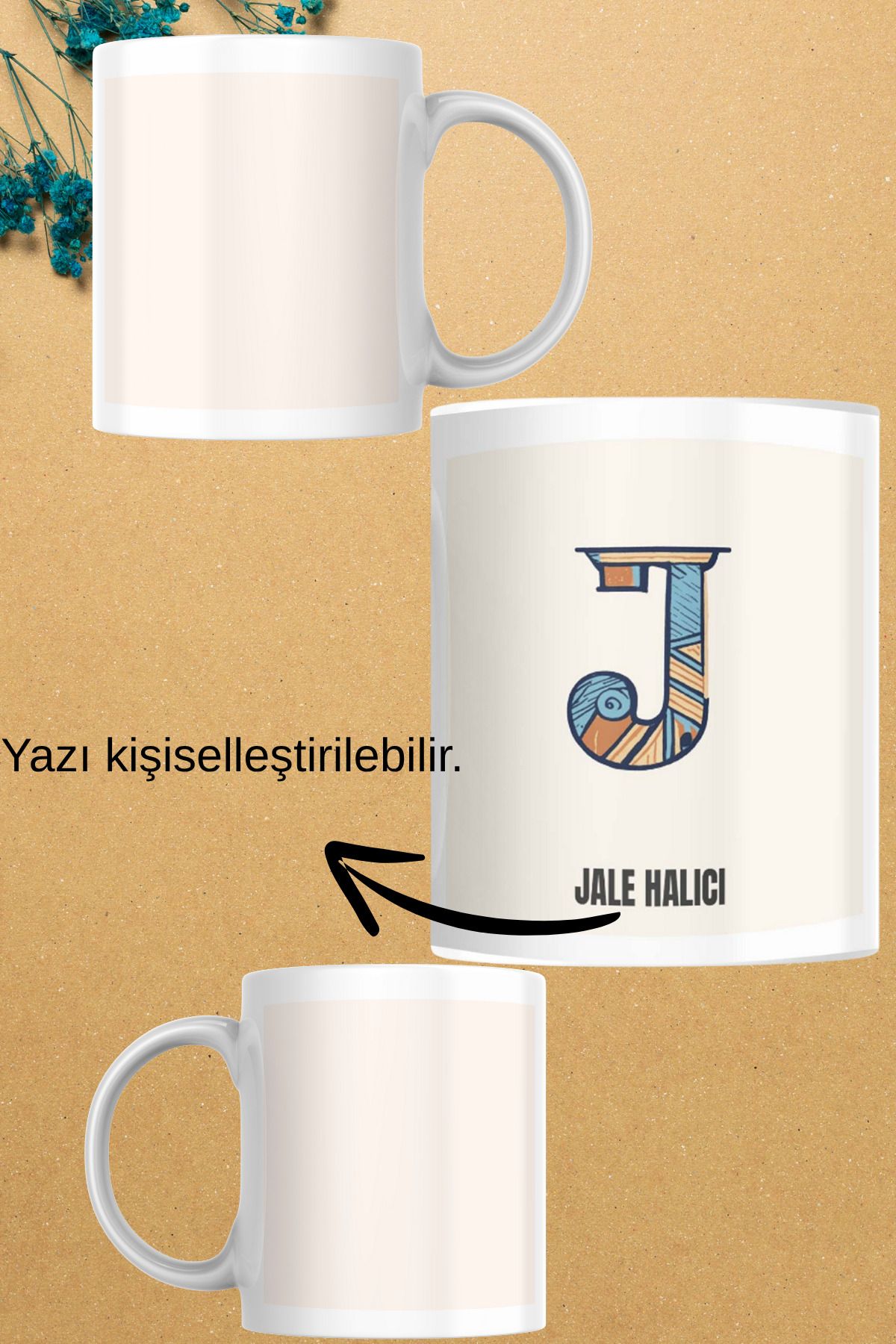 zerhome J Harf ve İsim Soyisimli Beyaz Porselen Kupa Bardak