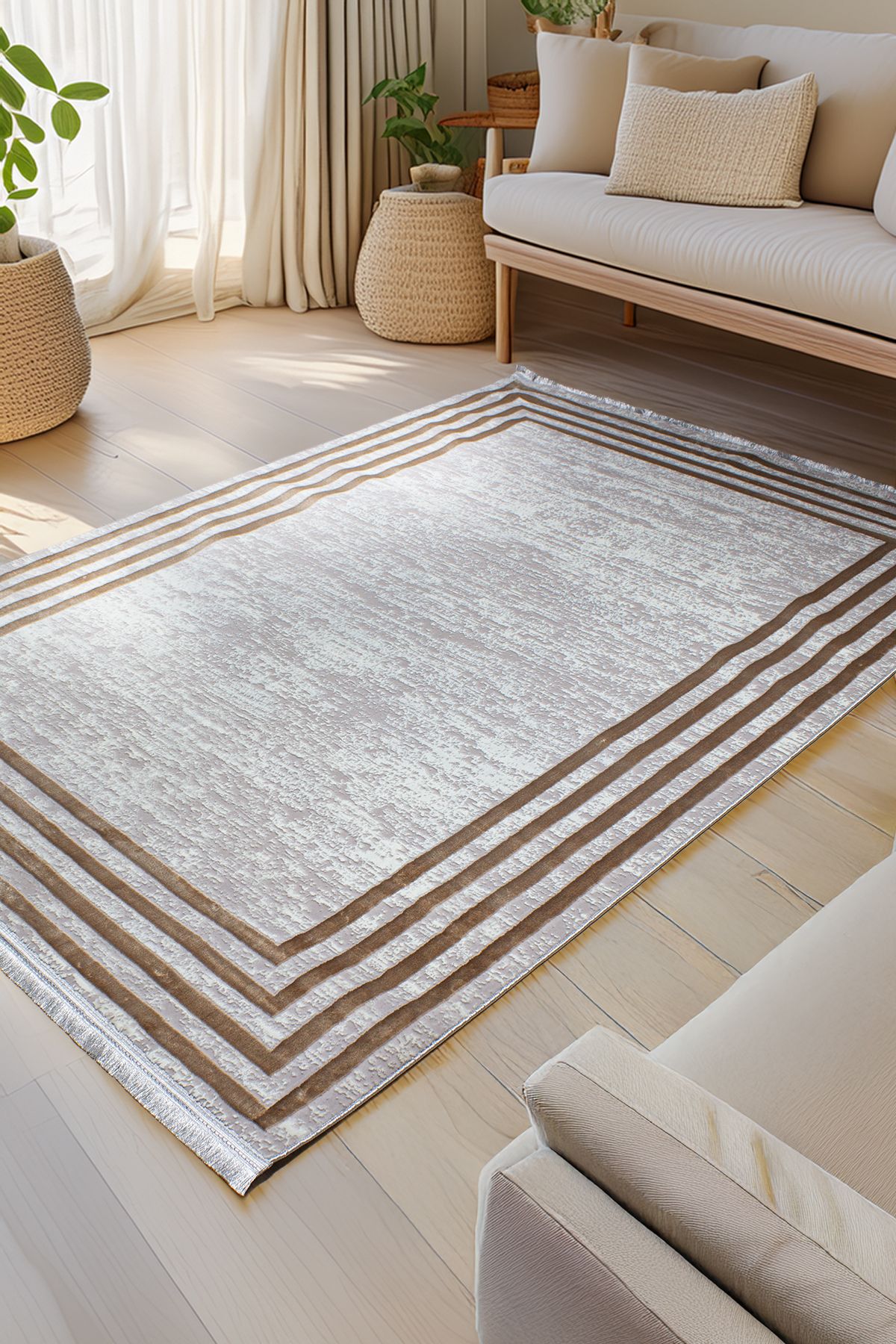 akbel halı & yatak exclusive home design Poem PM 04 Bej - Modern Çerçeve Desenli Salon Halısı