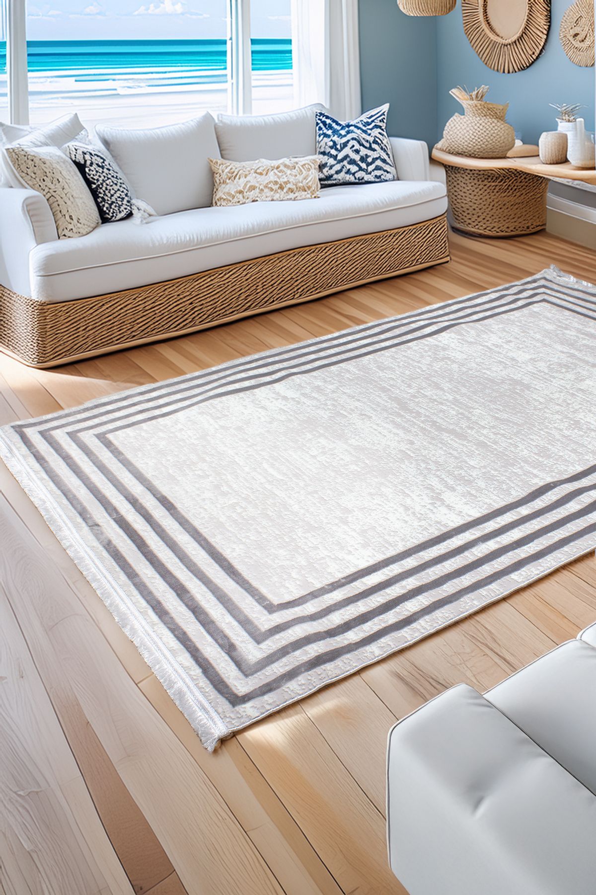 akbel halı & yatak exclusive home design Poem PM 04 Gri - Modern Çerçeve Desenli Salon Halısı