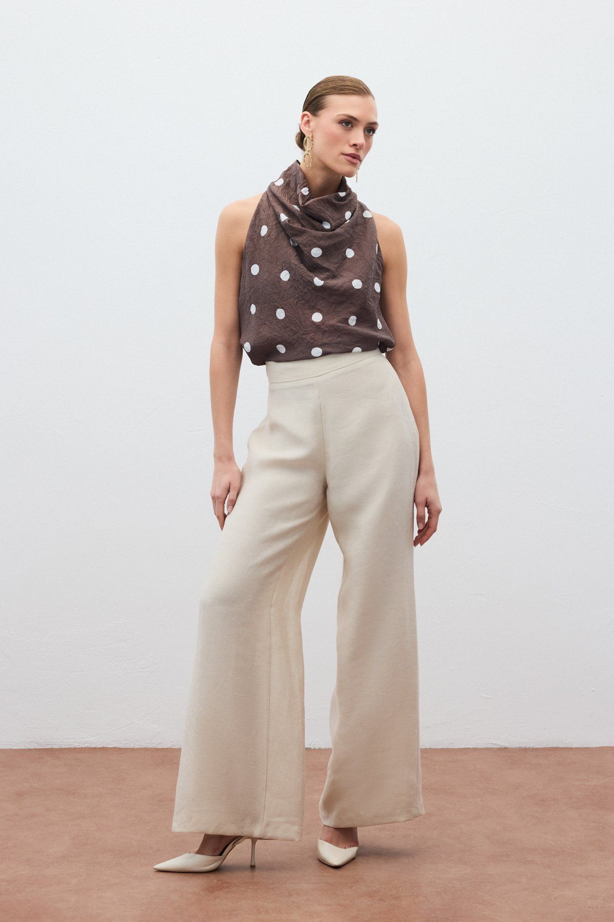 Sateen Salaş Keten Pantolon - Taş