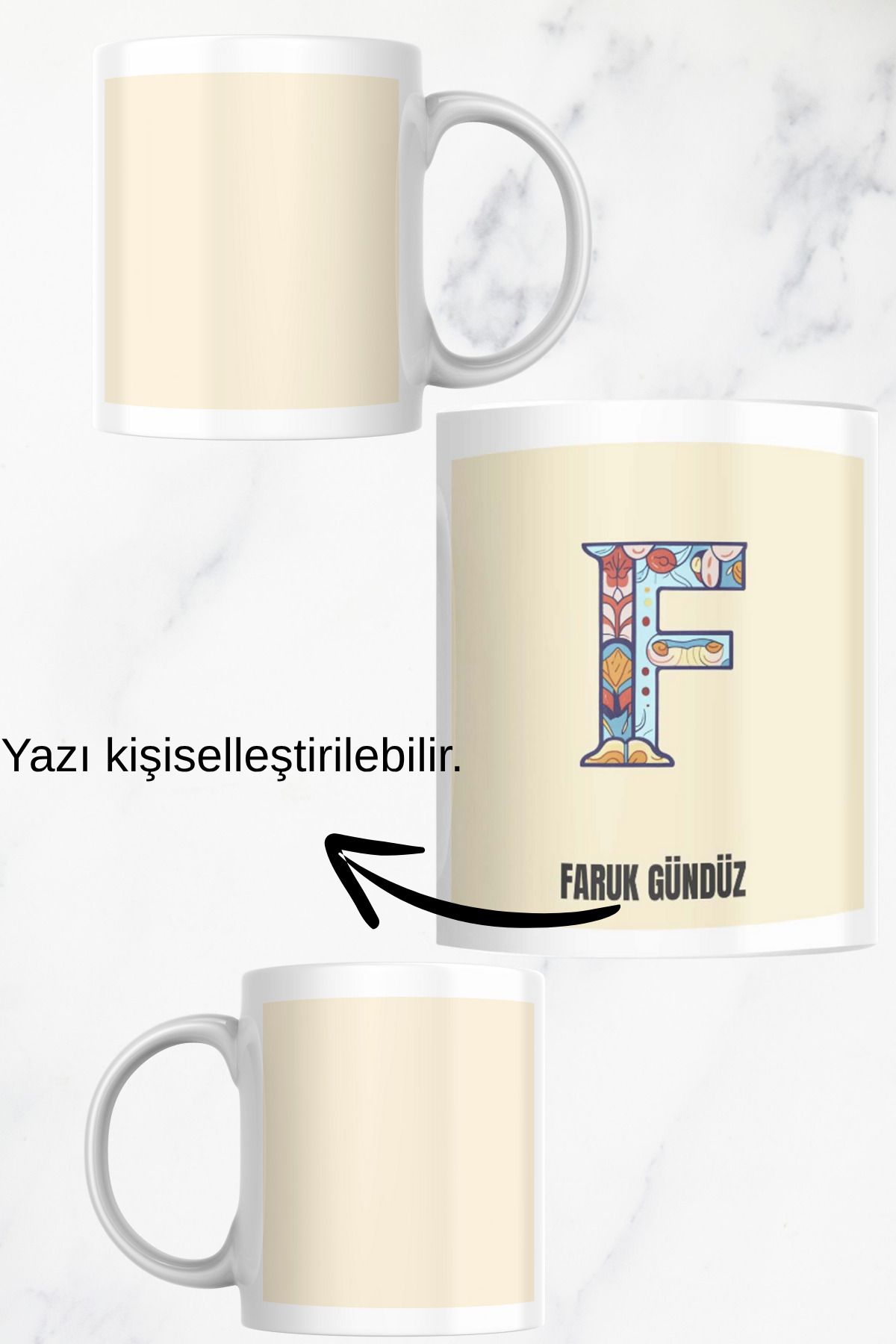 zerhome F Harf ve İsim Soyisimli Beyaz Porselen Kupa Bardak