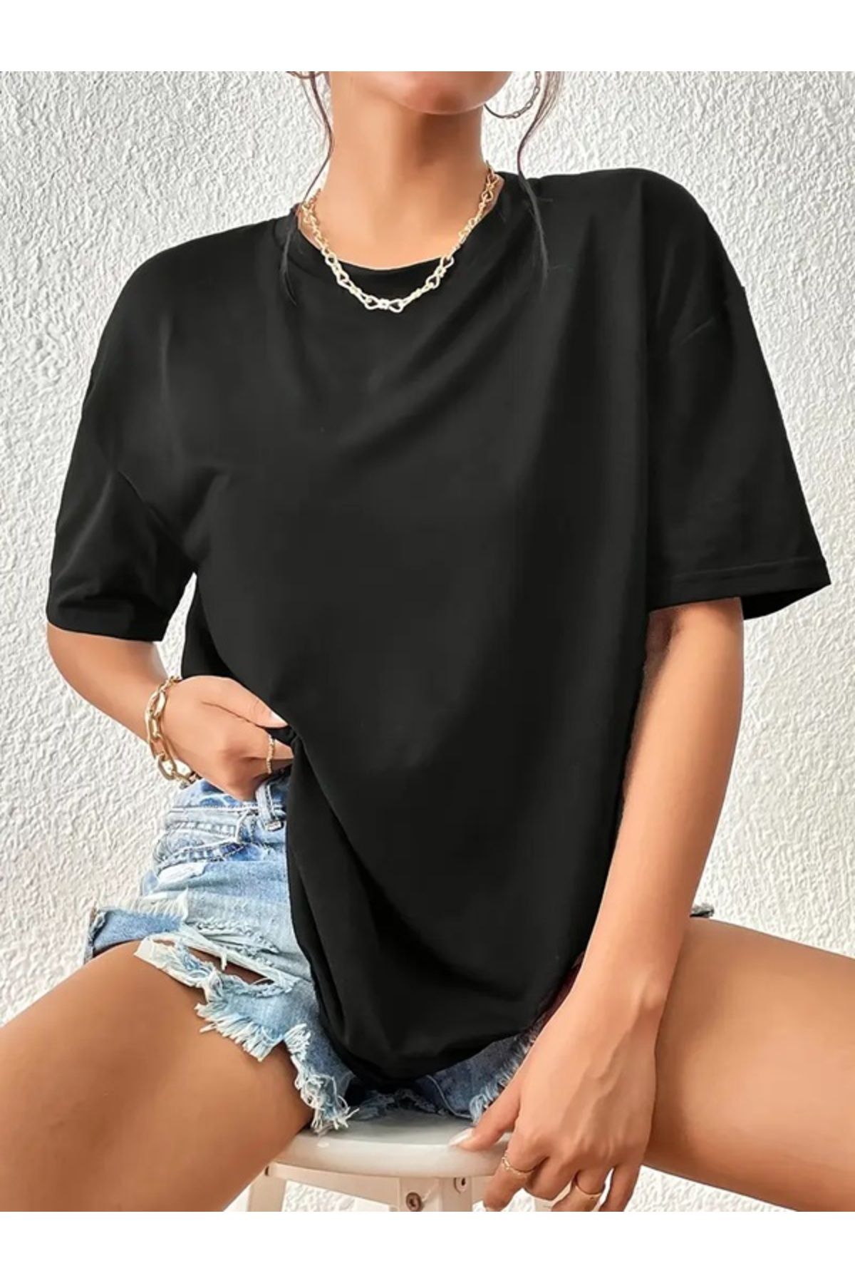 EXPECTED Kadın Siyah Oversize Pamuklu Rahat Kesim Basic Günlük T-shirt