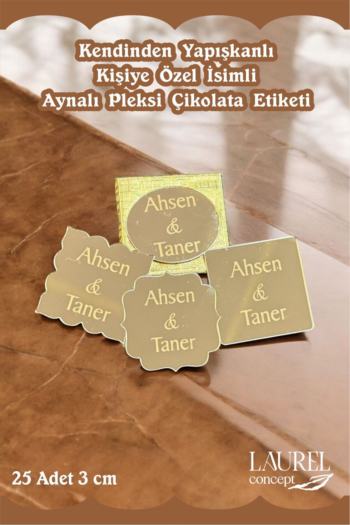 laurelconcept 25 Adet Kare Çikolata Üzerine Gold Pleksi Isim kendinden Yapışkanlı Pleksi Etiket