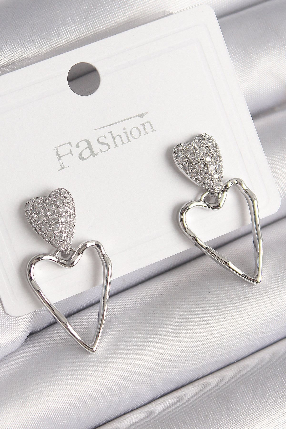 MBB ETİCARET-Brass Silver Color Zircon Stone Heart Model Women's Earrings - Tj-Bkp9781 1