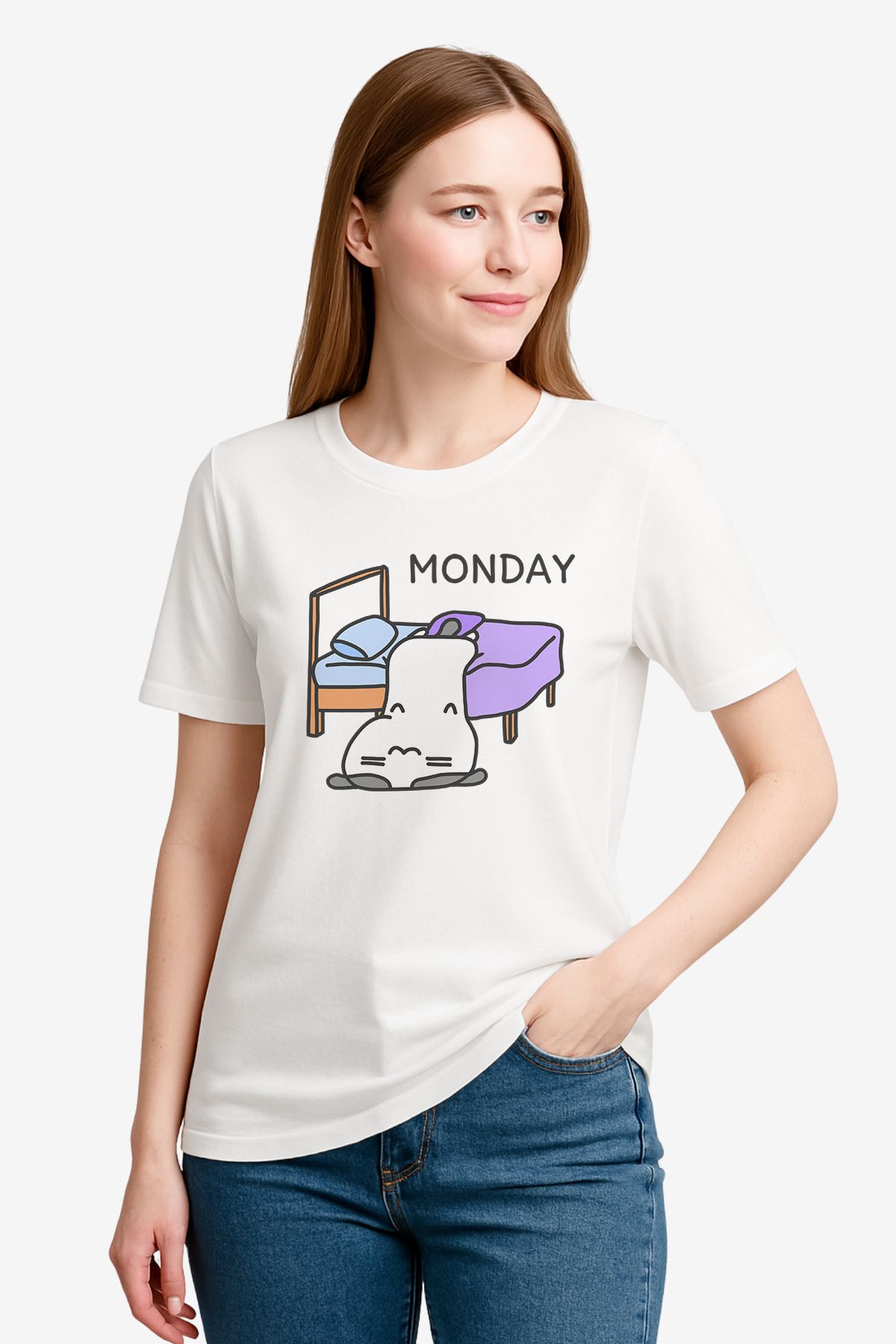 FANA Kadın Beyaz Tişört – Monday Sloganlı, Renkli Figürlü Komik Baskılı Yazlık T-shirt