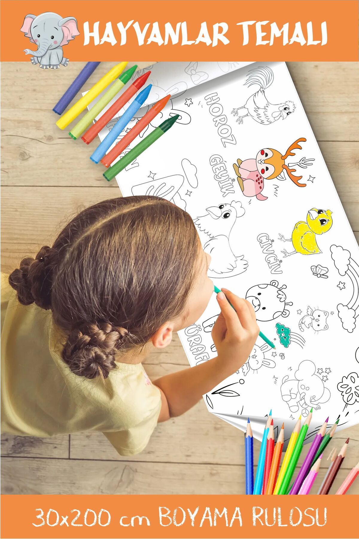 Piksel Grafik Pixroll Hayvanlar Temalı Dev Rulo Boyama Kağıdı– 2 m × 30 cm | Çocuklar İçin Sanat & Etkinlik Kağıdı