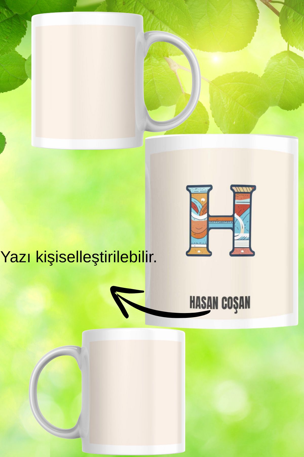 zerhome H Harf ve İsim Soyisimli Beyaz Porselen Kupa Bardak