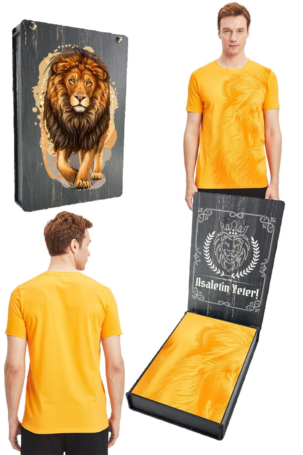 Galatasaray Orijinal Lisanslı Aslan Baskılı Sarı T-Shirt Gs Aslan Baskılı Hediyelik Ahşap Kutulu