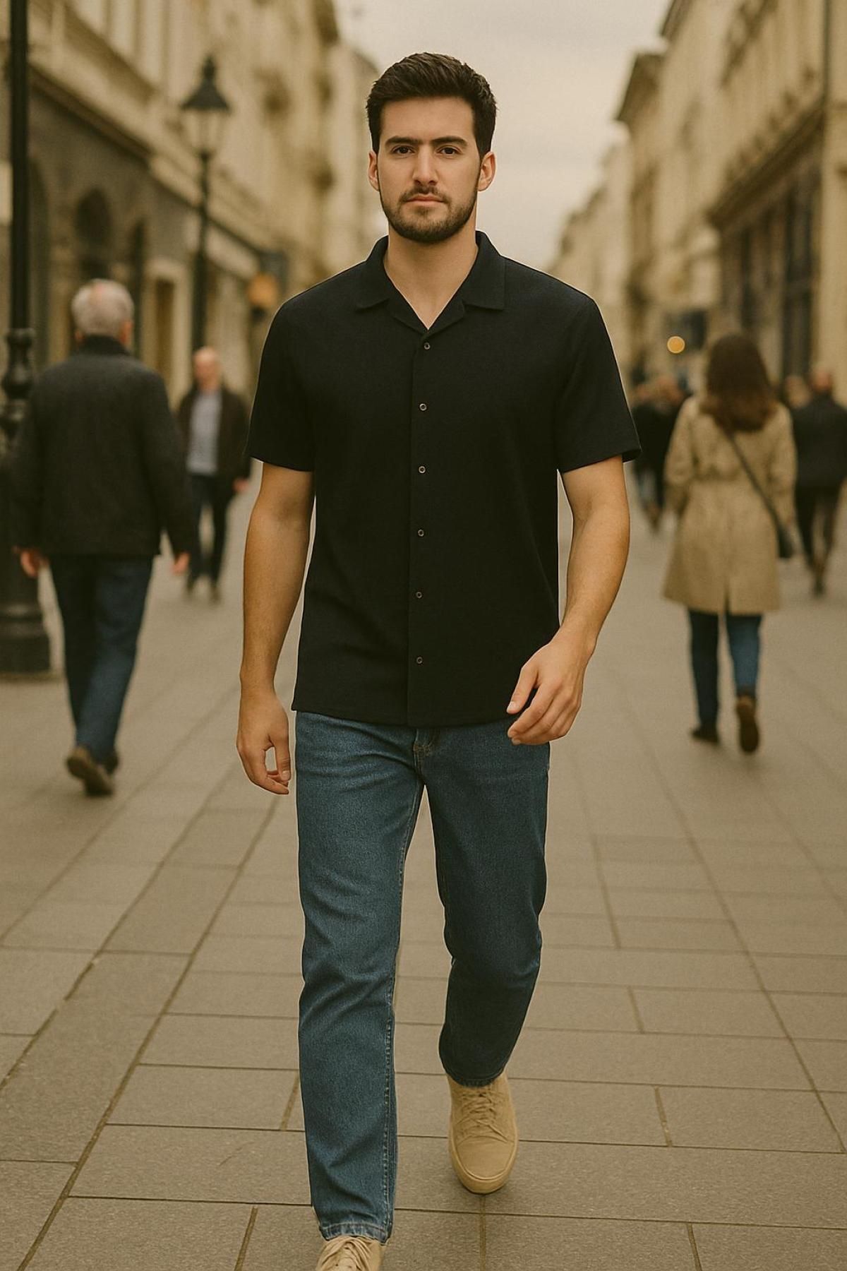 DAMGA JEANS Erkek Rahat Yazlık Kısa Kollu Basic Siyah Gömlek