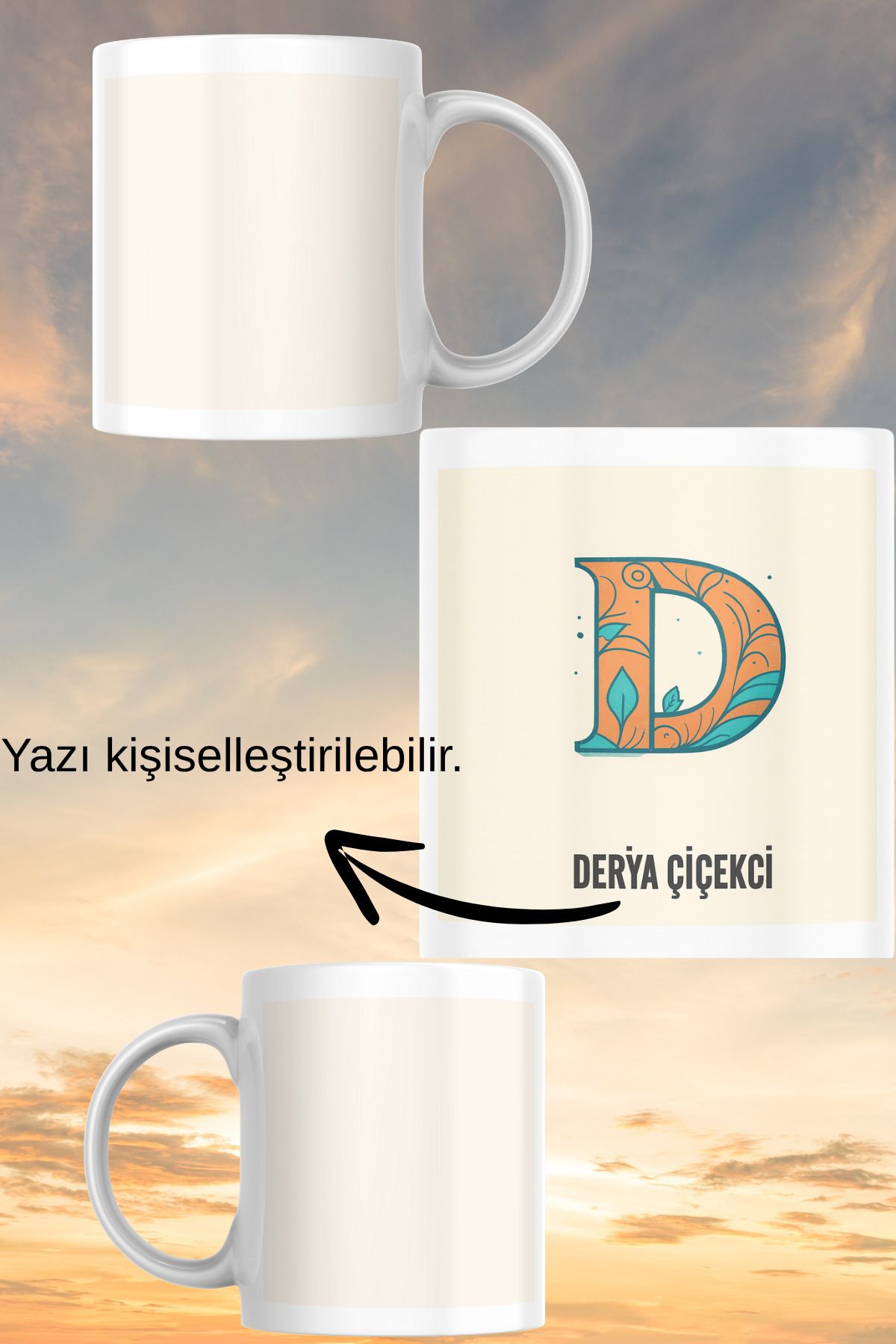 zerhome D Harf ve İsim Soyisimli Beyaz Porselen Kupa Bardak