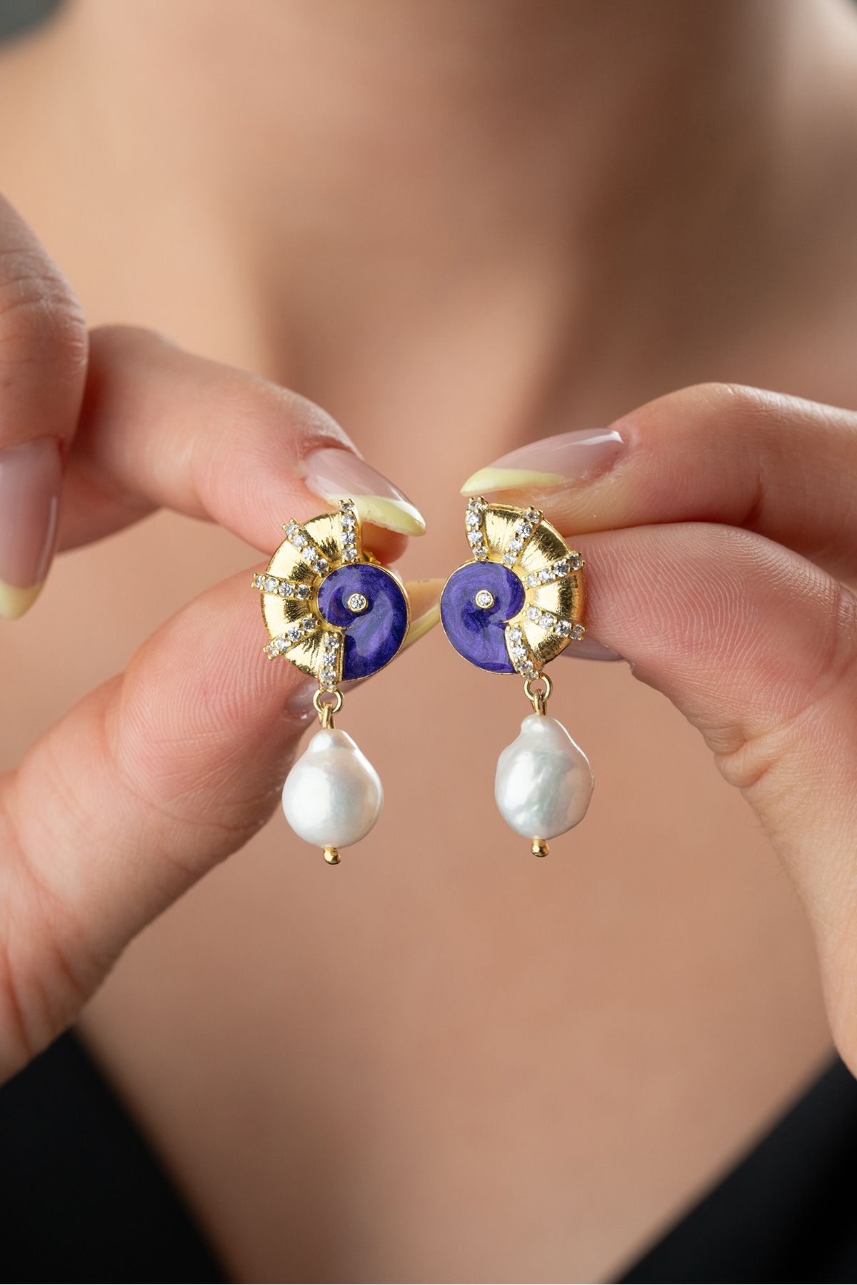 Silvano Jewelry 925 Ayar Gümüş Mor Mineli Salyangoz İncili Küpe