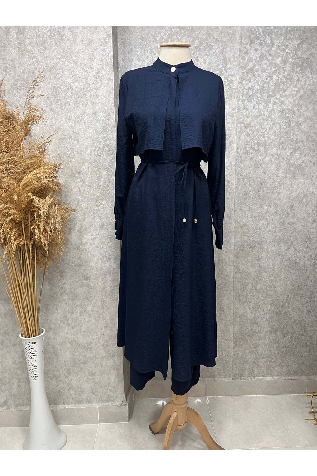 naqshestore 25Y8378 TAKIM TUNİK PANTOLON ÇİLEK KUMAŞ İP KUŞAKLI LACI
