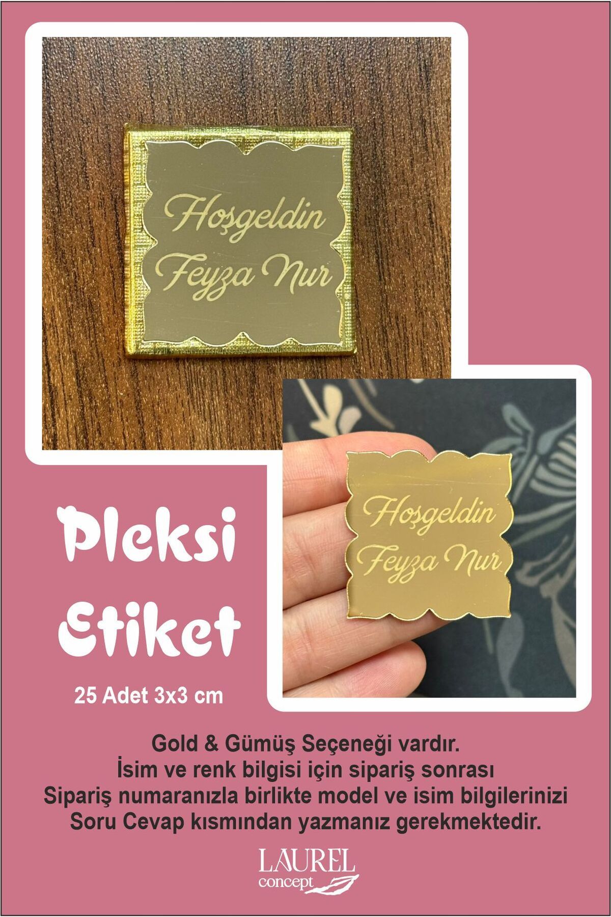 laurelconcept 25 Adet Gold & Gümüş Pleksi Isim kendinden Yapışkanlı Pleksi Etiket