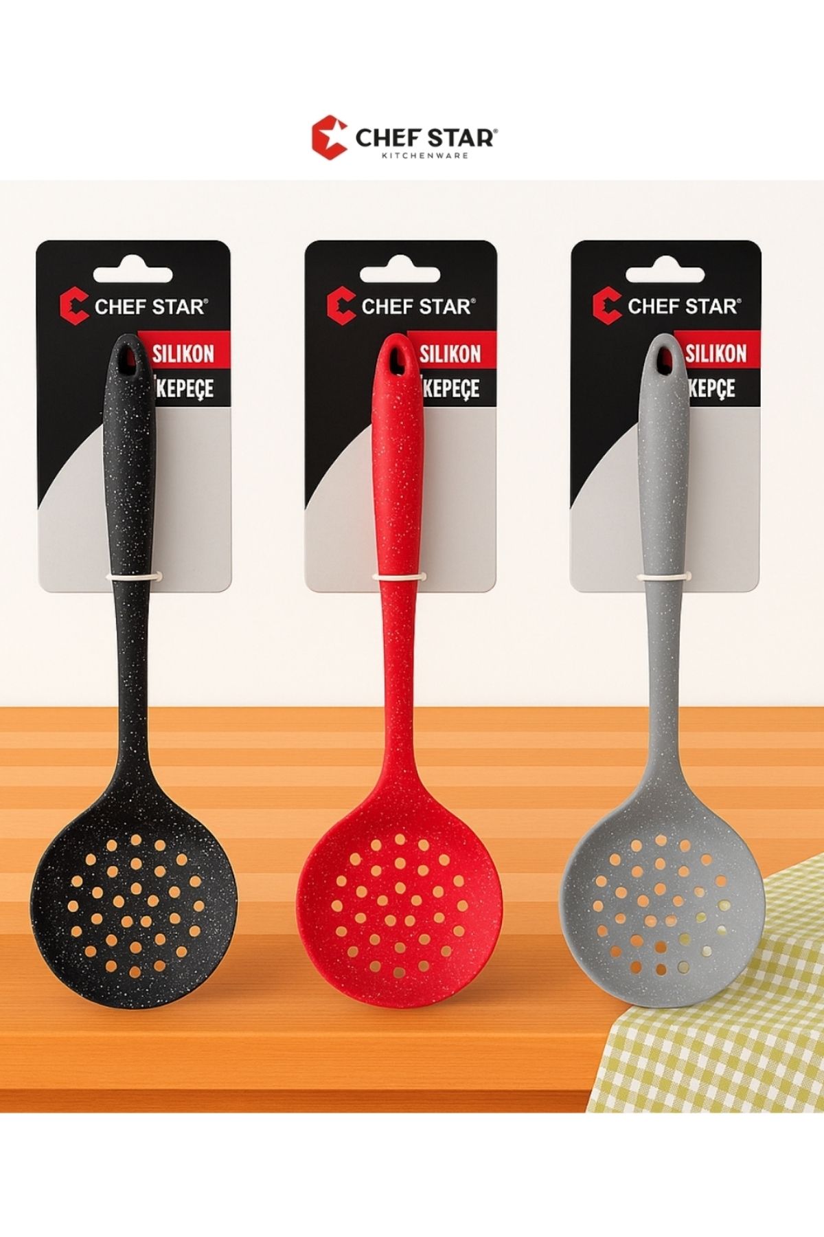 Chefstar GRANİT DESENLİ ISIYA DAYANIKLI SİLİKON DELİKLİ KEVGİR – ERGONOMİK TUTMA SAPLI MUTFAK KAŞIĞI