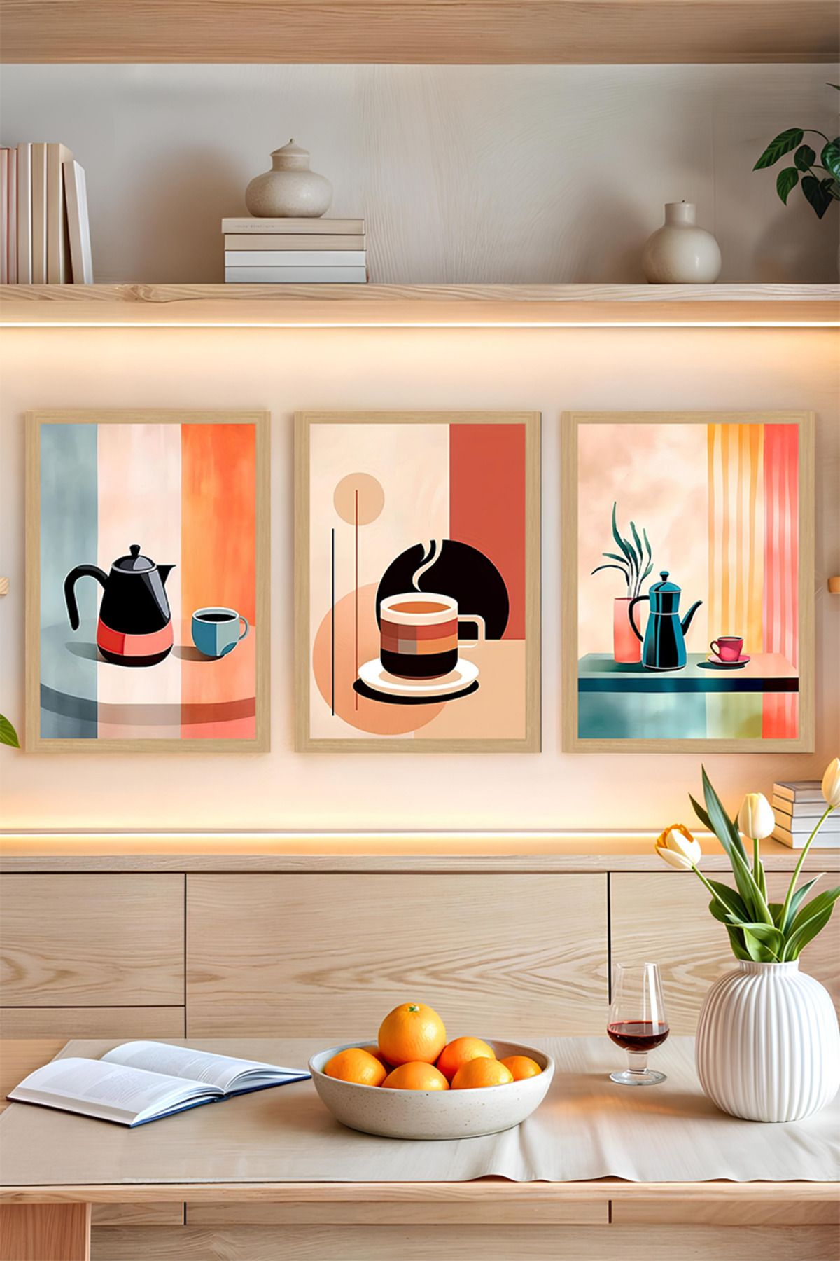 kutuTR ☕ Soyut Renk Bloklu Kahve Temalı 3'lü Çerçeve Görünümlü Tablo Seti CRVS1009