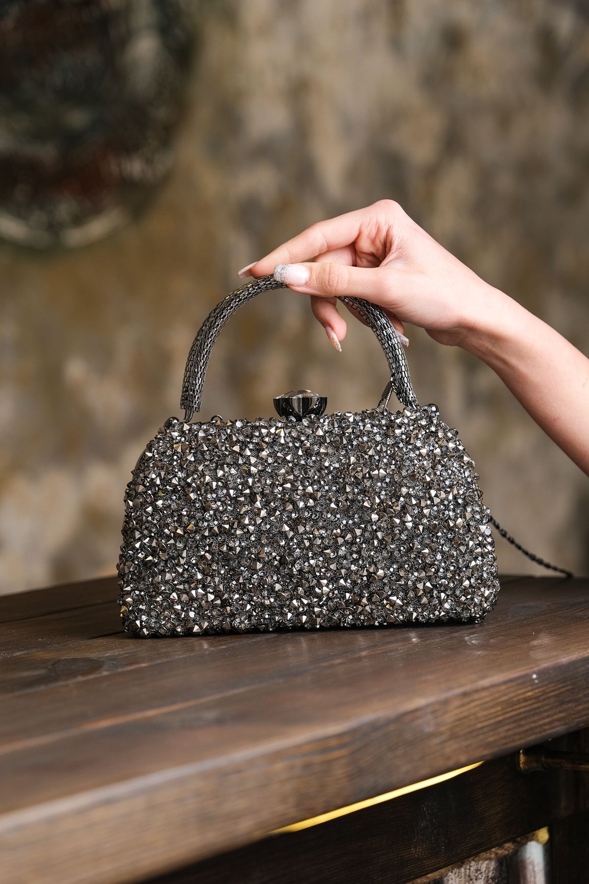 ROZA CANTA Kadın Platin Taşlı Abiye Clutch Portföy Çanta