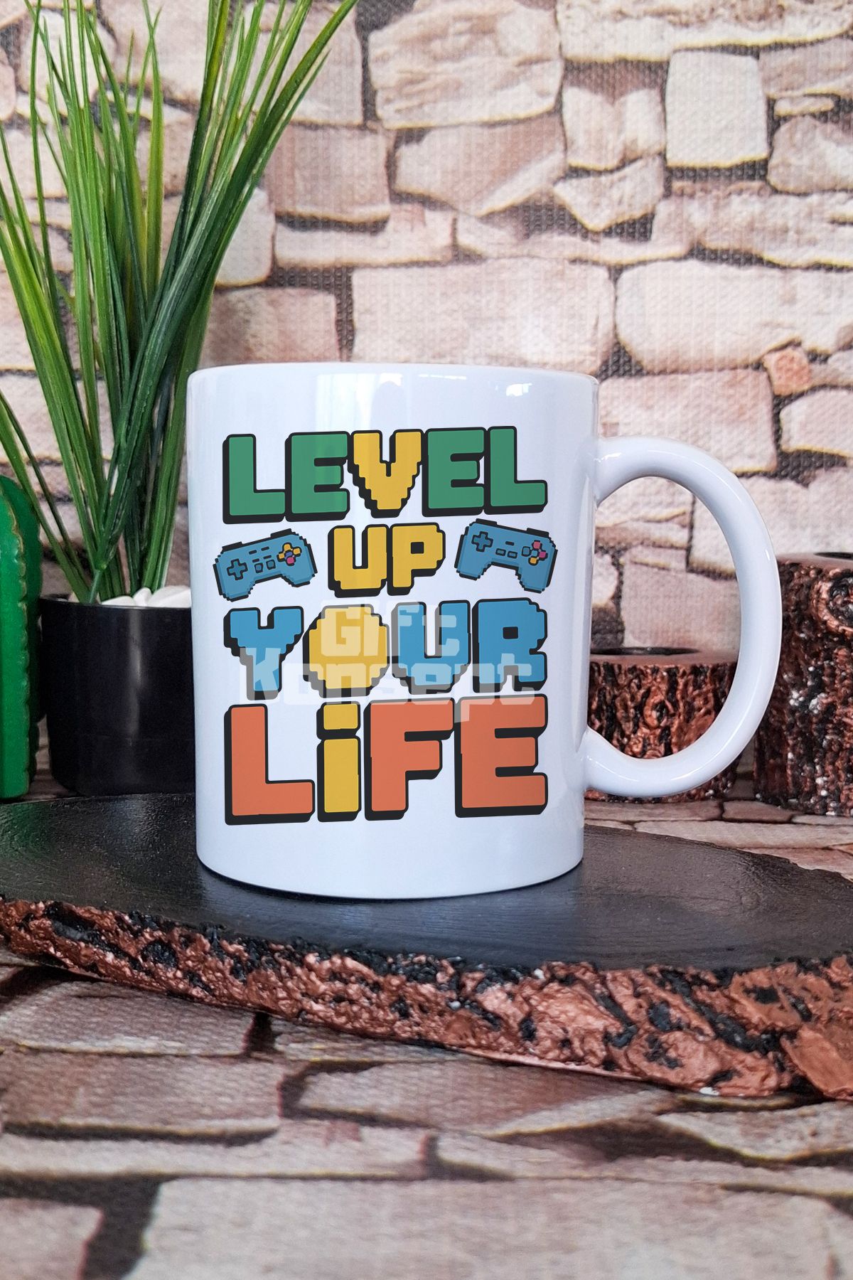 giftkonsept "Lever Up Your Life" Gamer Hediyelik Baskılı Çay Kahve Sunum Kupa Bardak