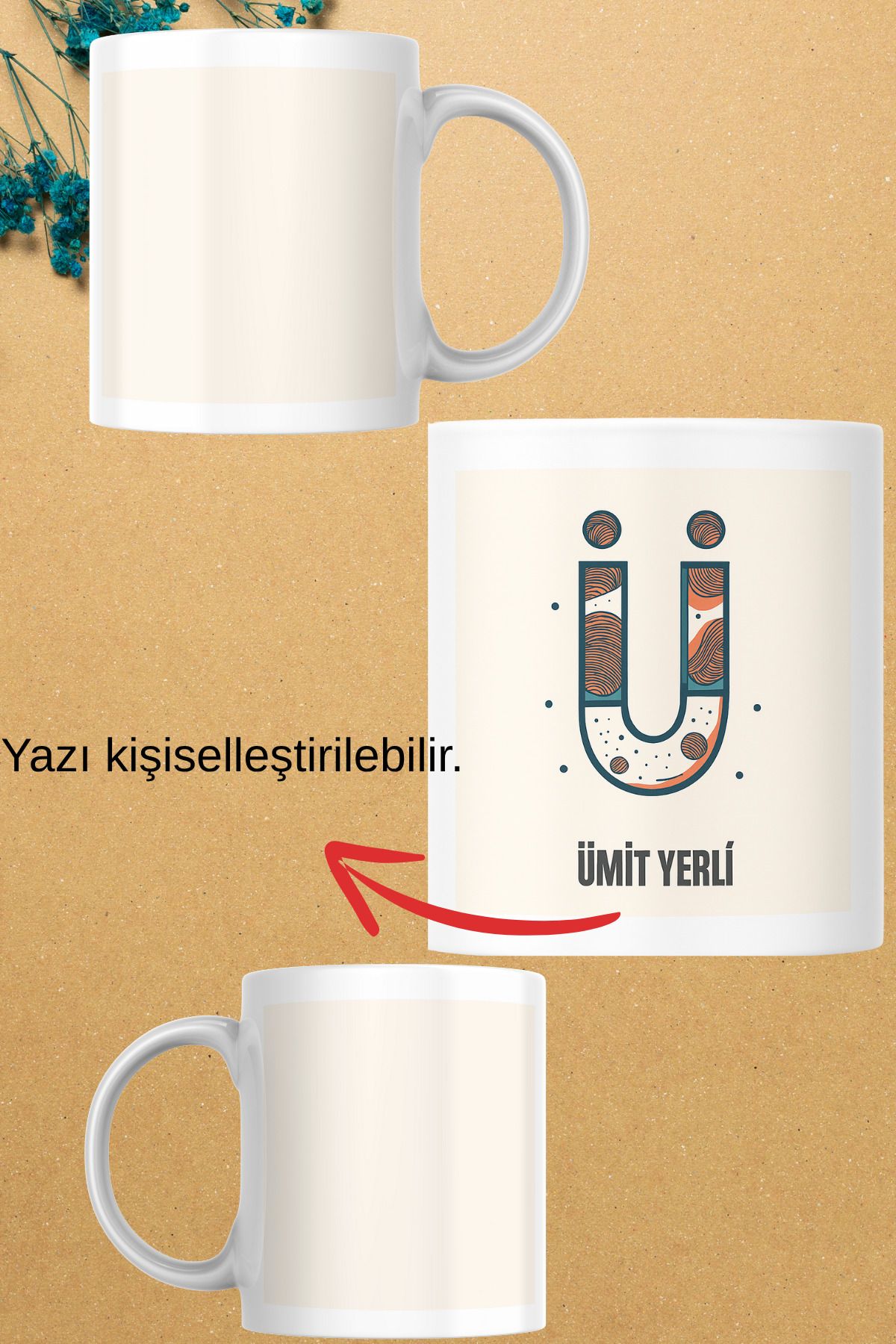 zerhome Ü Harf ve İsim Soyisimli Beyaz Porselen Kupa Bardak